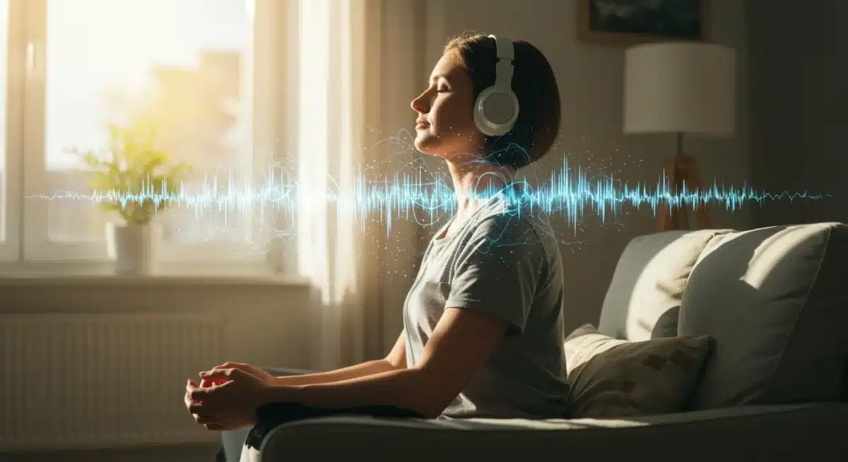 Individual meditating with wireless headphones in a serene, modern room