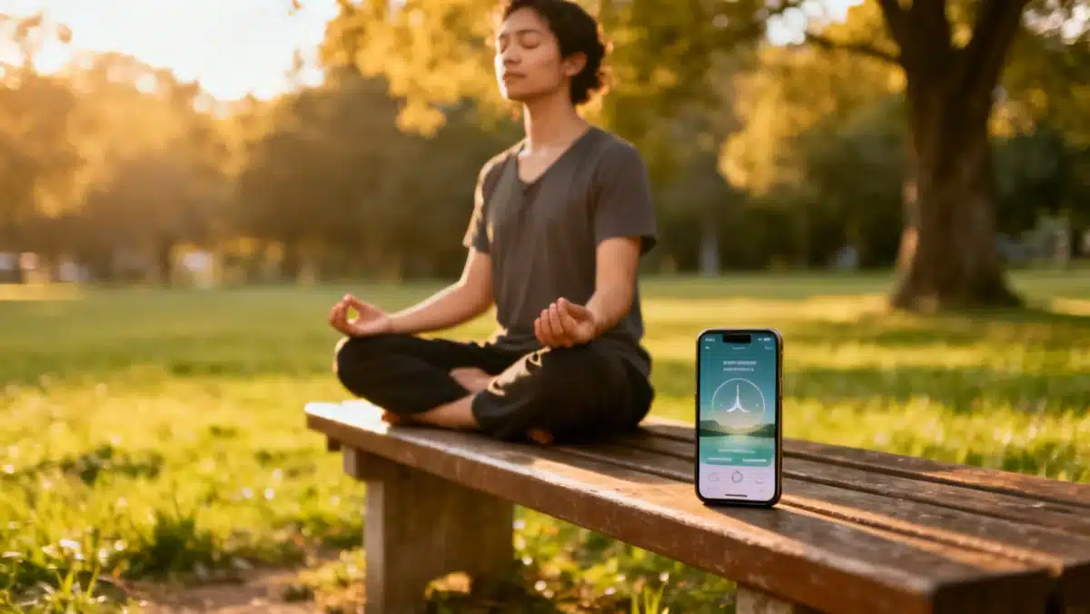 Individual meditating with a meditation app on a smartphone, blending nature and technology for spiritual growth.
