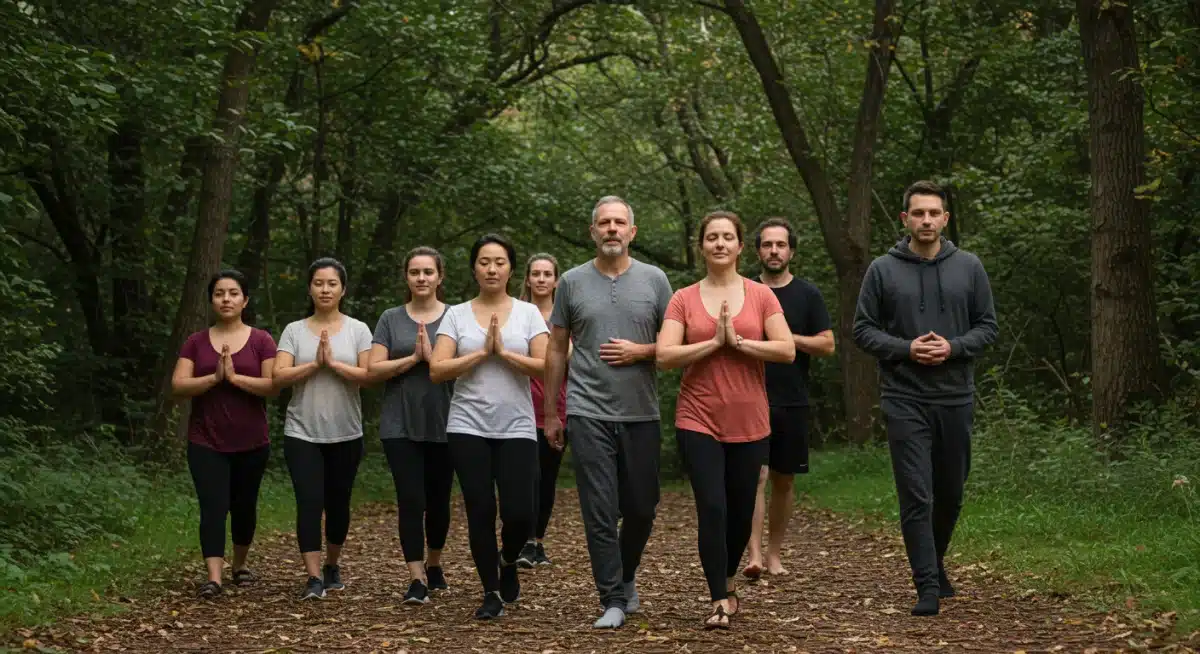 Diverse group practicing mindful walking in a park, connecting with nature and community.