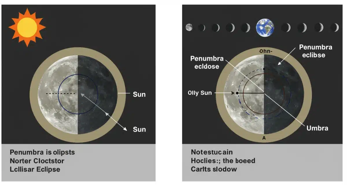 Diagram illustrating penumbral lunar eclipse geometry with Sun, Earth, and Moon.