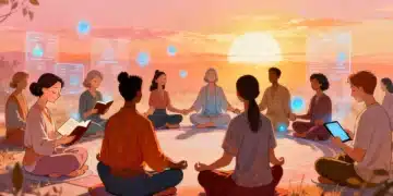 Diverse individuals embracing spiritual growth through traditional and digital means, set against a sunrise.