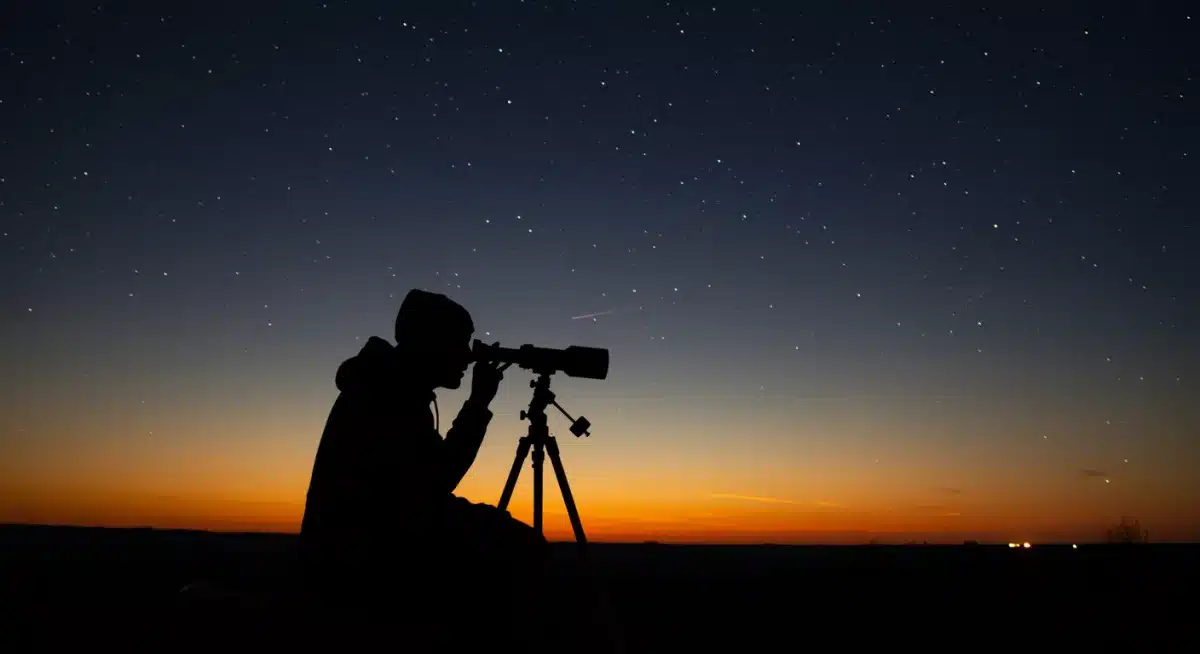Person observing the night sky with a telescope at dusk.