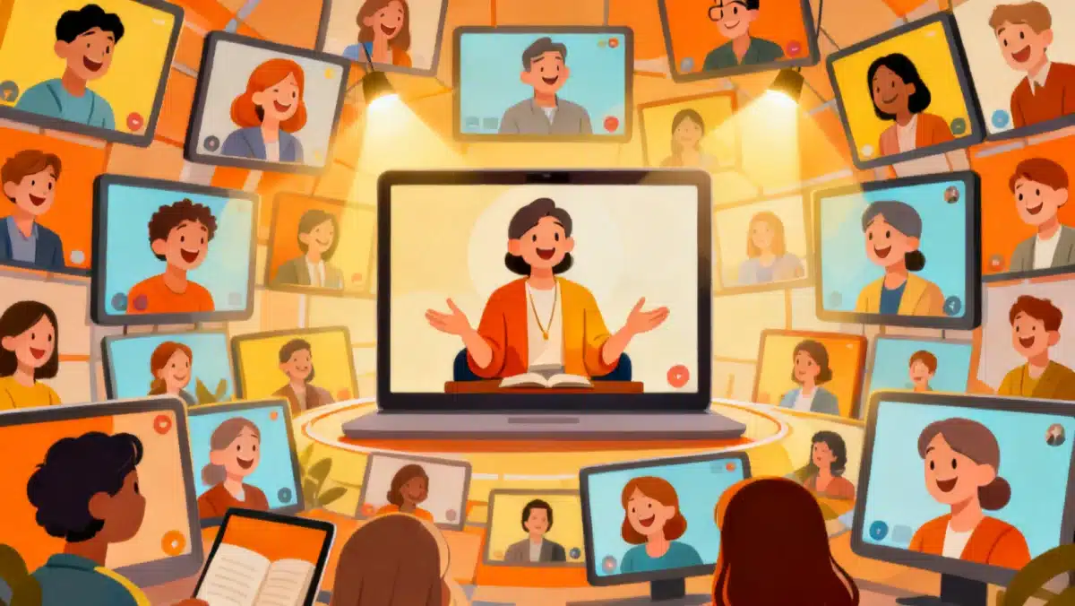 Online community engaging in a virtual spiritual discussion, representing the rise of digital spiritual fellowship.