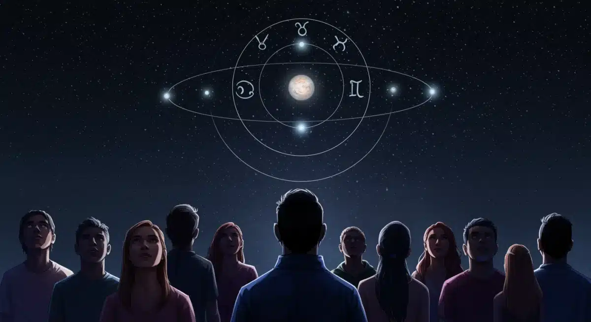 Diverse individuals representing zodiac signs, looking at a planetary alignment, symbolizing collective and individual destiny.