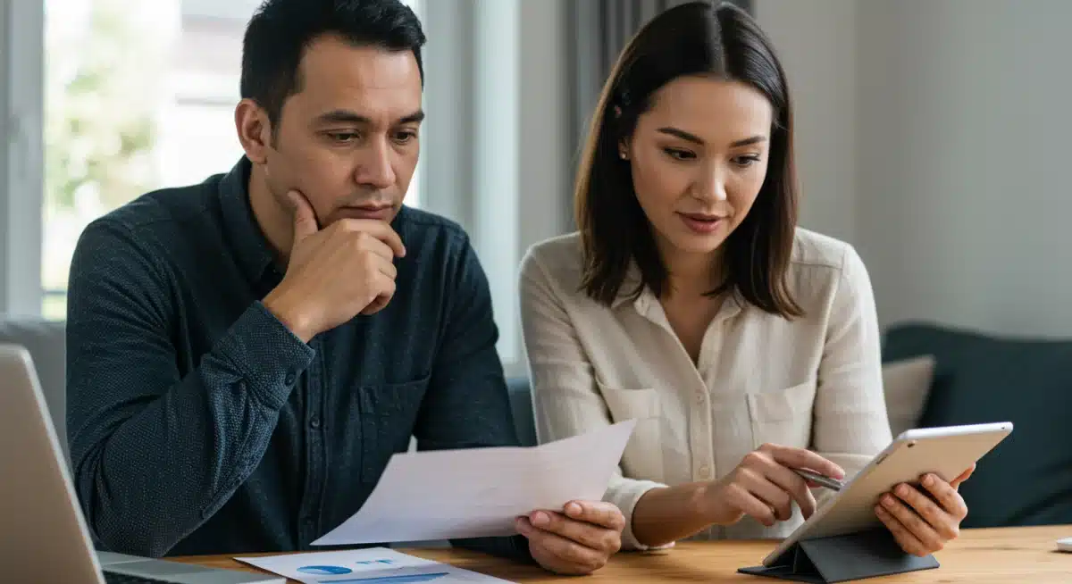 Couple collaboratively reviewing financial documents, discussing investment strategies with a laptop and charts.