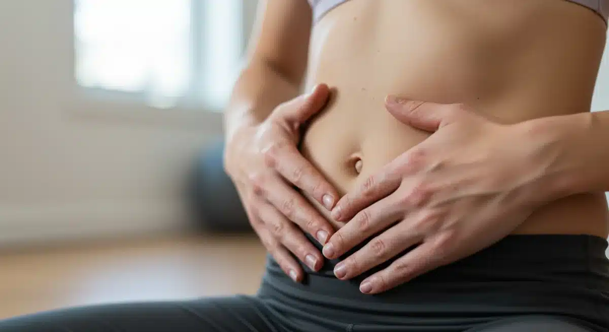 Hands demonstrating diaphragmatic breathing technique for relaxation.