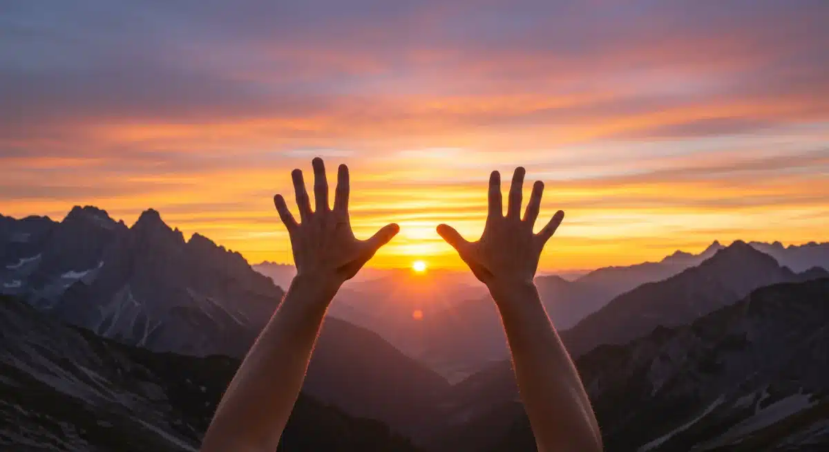 Hands reaching for rising sun, new beginnings and ambition