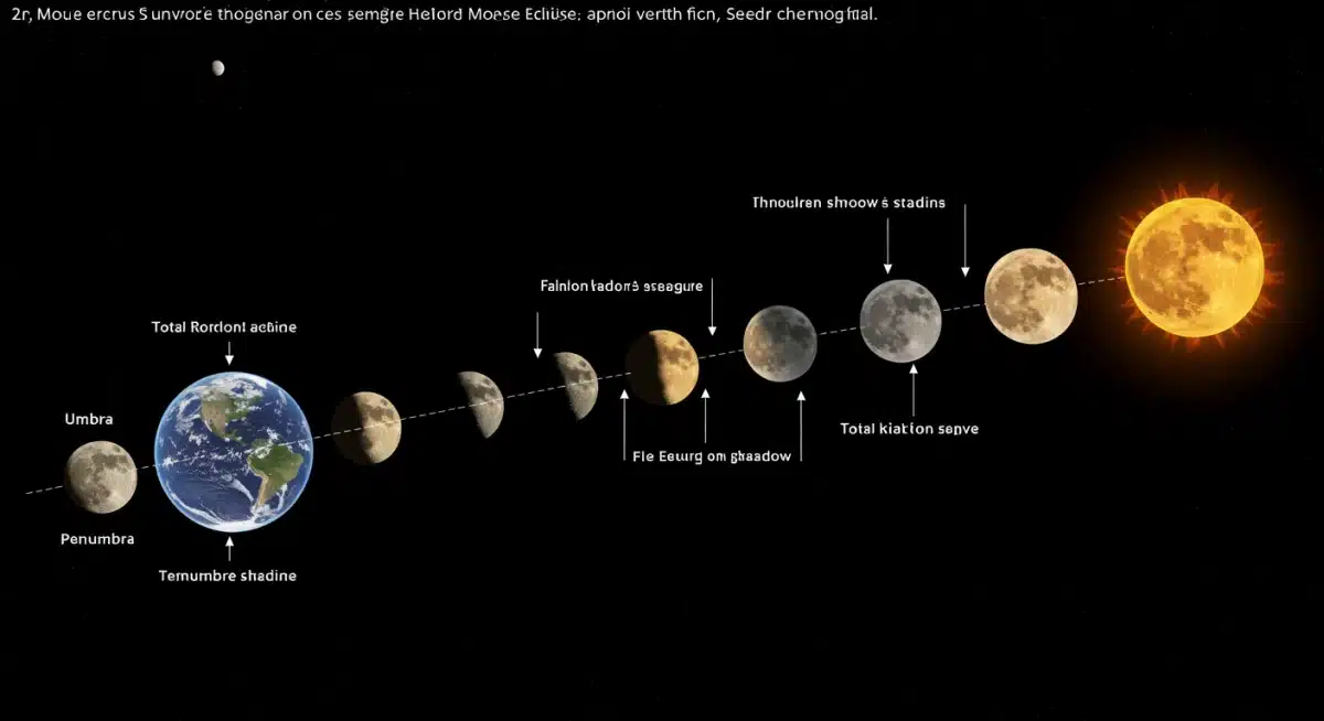 Diagram illustrating the alignment of Earth, Moon, and Sun during a total lunar eclipse, showing umbra and penumbra.