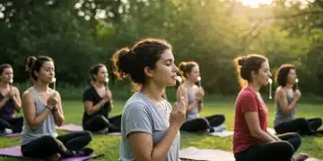 People practicing mindful breathwork outdoors for stress reduction and calm.