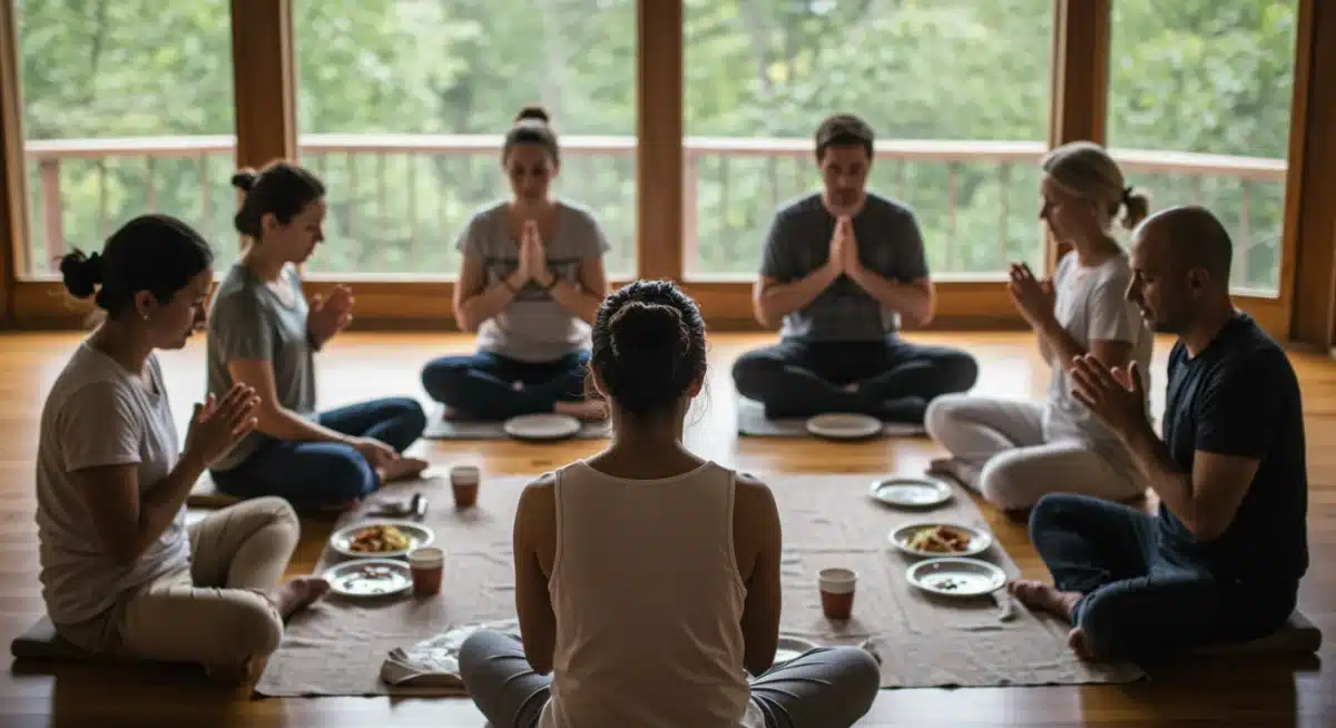 Diverse group in mindful community gathering for shared spiritual journey