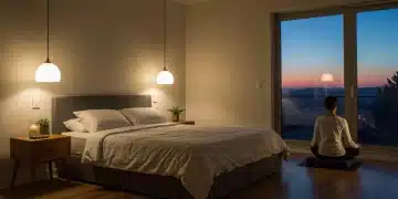 Peaceful bedroom setting with a person meditating for better sleep