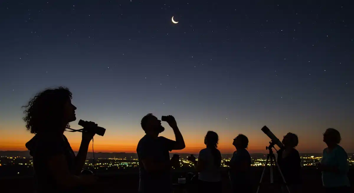 Stargazers with binoculars and telescope observing a lunar eclipse under a twilight sky.