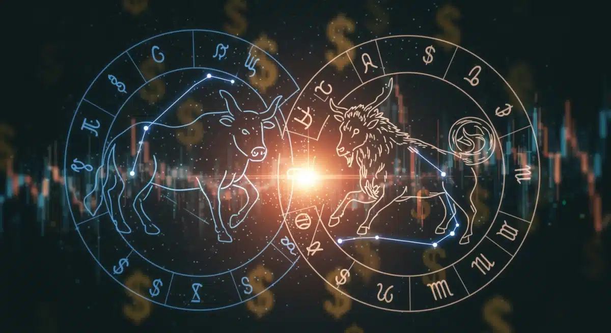 Two zodiac constellations merging, representing harmonious financial alignment and shared wealth goals.