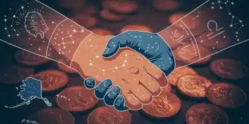 Astrological symbols intertwining over a pile of gold coins, symbolizing financial compatibility and joint prosperity.