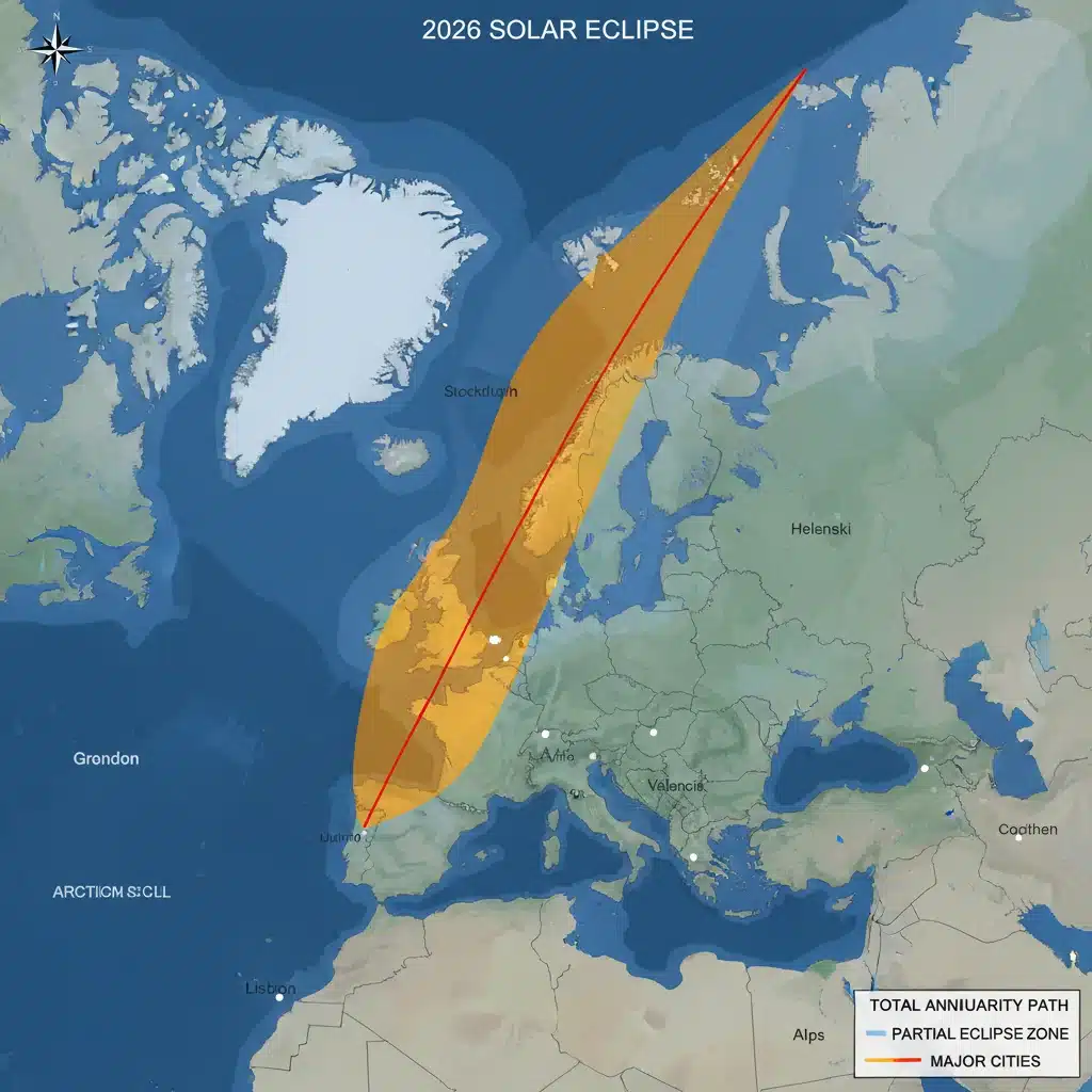 Map illustrating the 2026 annular solar eclipse path of annularity across Europe.