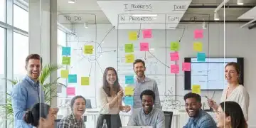 Diverse team collaborating on an Agile project board with sticky notes.