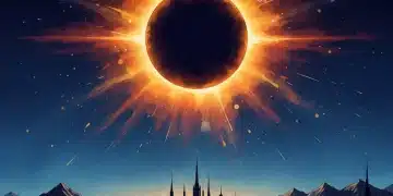 Annular solar eclipse 'ring of fire' in a deep blue sky over a silhouetted landscape.