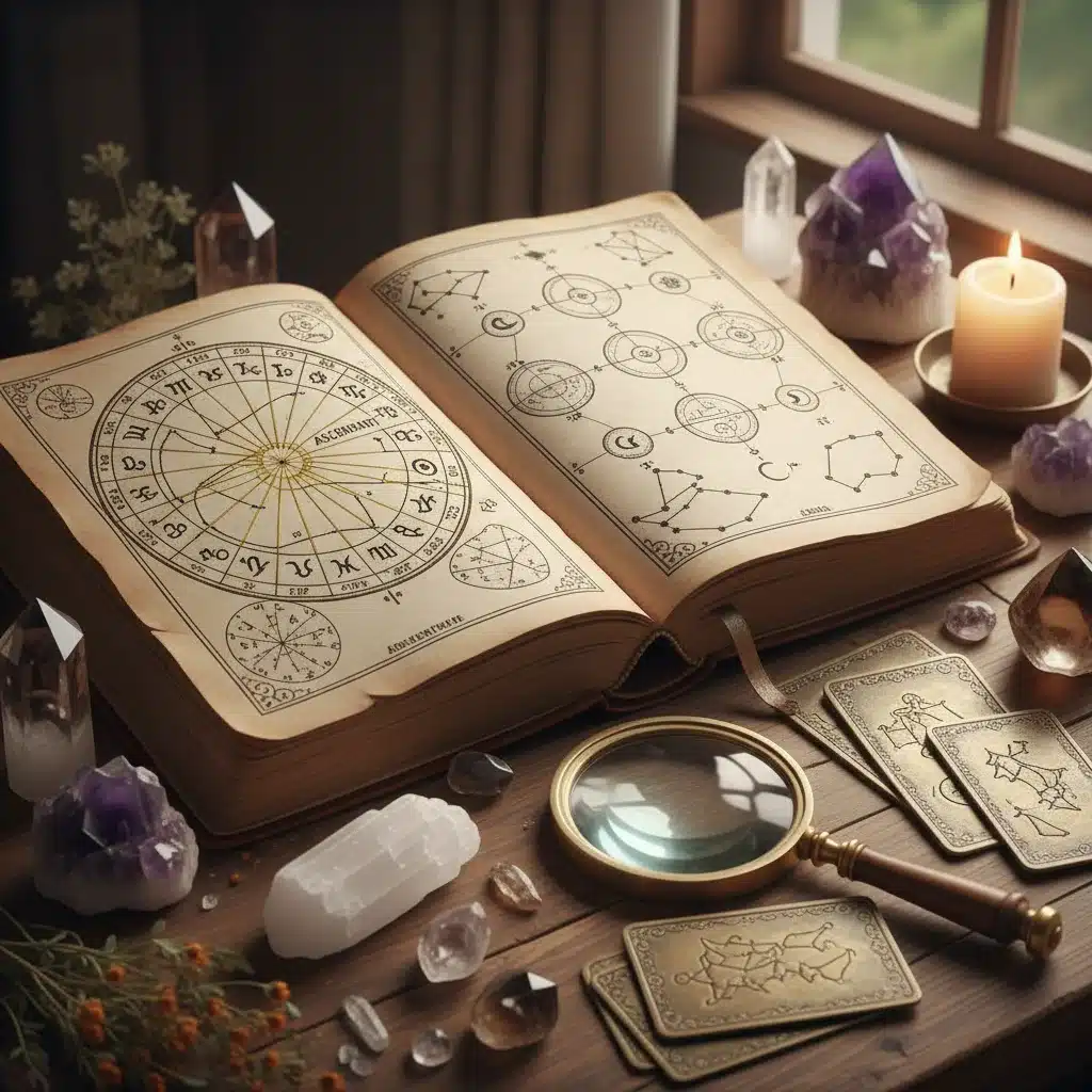 Ancient astrology book open to a chart, with crystals and magnifying glass.