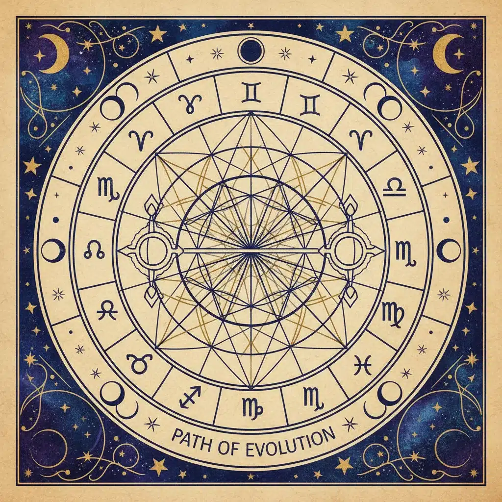 Astrological chart with North and South Node symbols, showing zodiac signs.