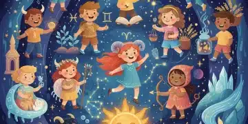 Children with zodiac symbols, representing diverse personalities and astrological traits for 2026 parenting.