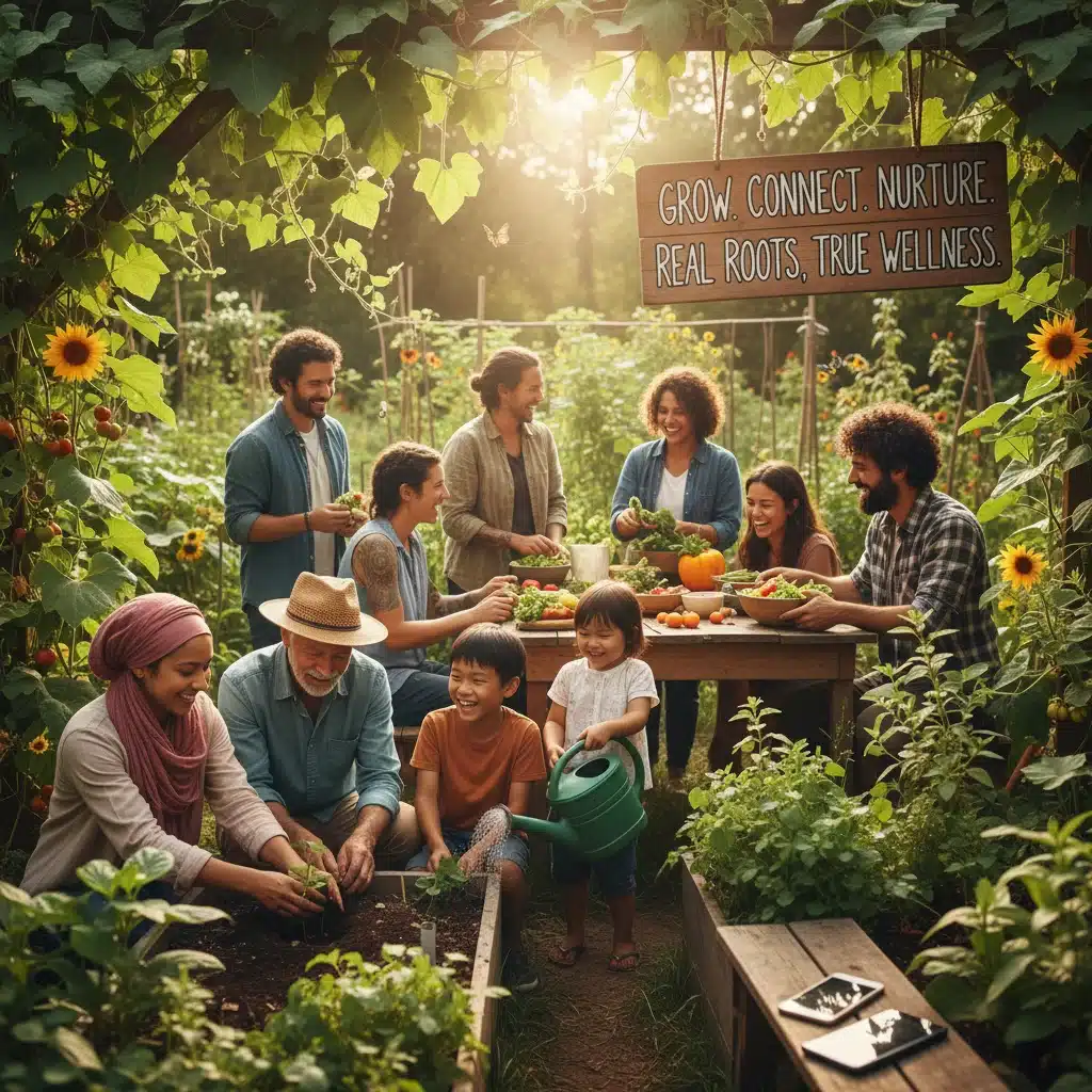 Diverse group gardening together, emphasizing real-world connections and nature for spiritual well-being.