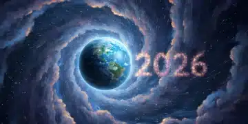 Cosmic dust swirling around Earth, representing the 2026 impact and scientific discoveries.