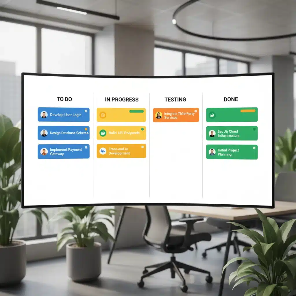 Digital Kanban board visualizing project workflow with tasks.