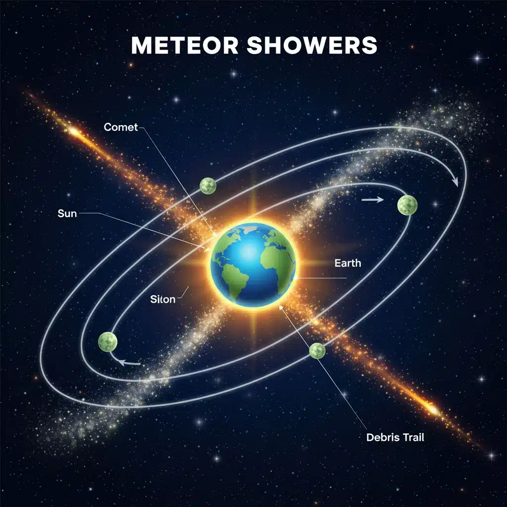 Diagram illustrating Earth's orbit intersecting comet debris trails causing meteor showers