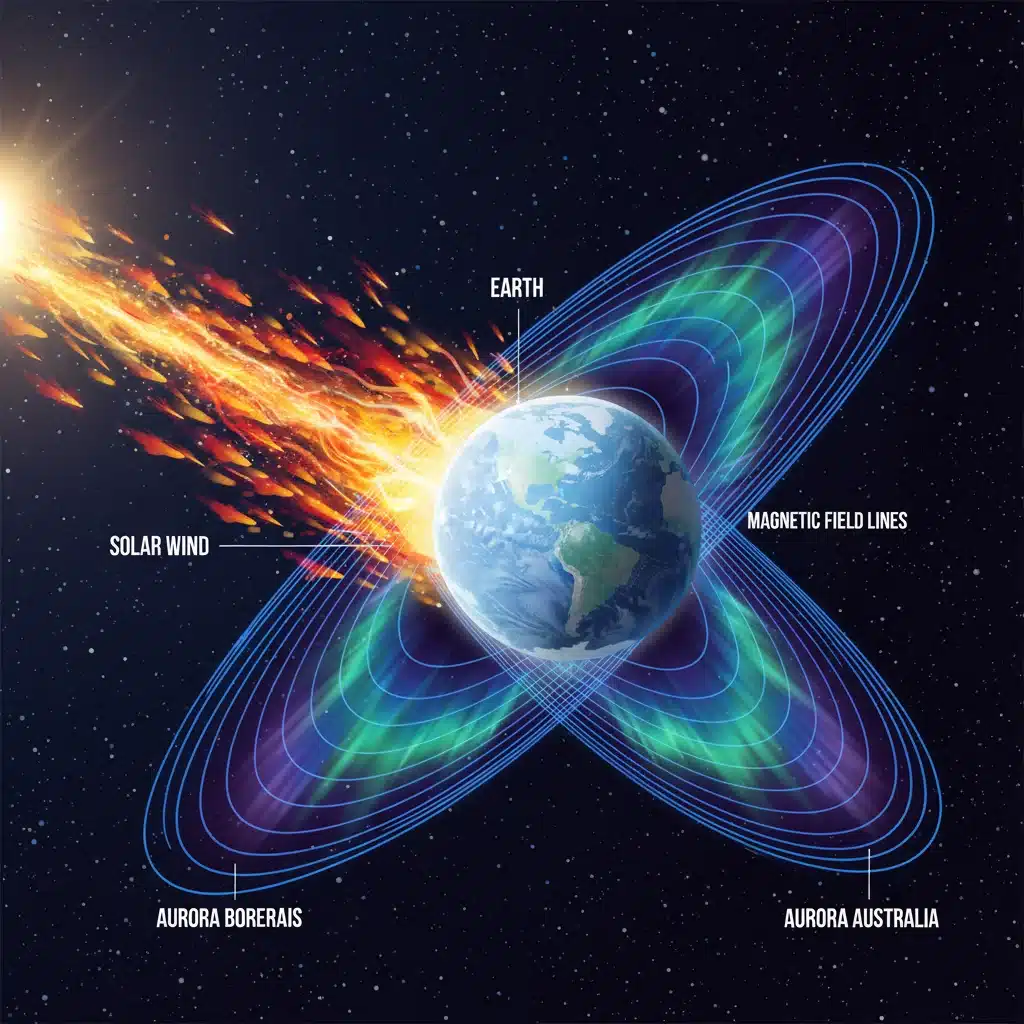 Earth's magnetic field interacting with solar wind to create aurora