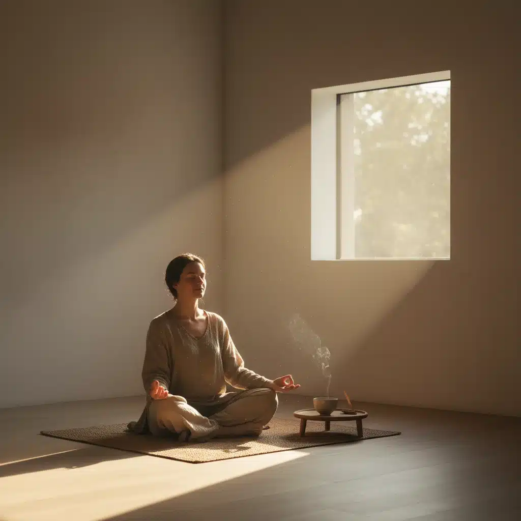 Person practicing breathwork meditation in sunlit minimalist room, deep concentration.