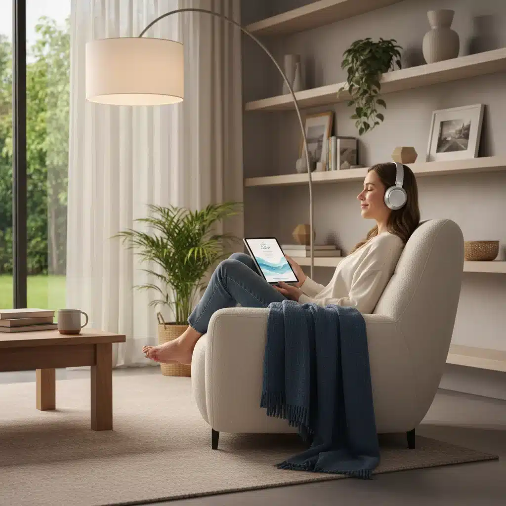 Person using a guided meditation app on a tablet in a home setting.