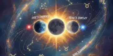 Cosmic alignment of Earth, Moon, and Sun with glowing Lunar Nodes, illustrating destiny.