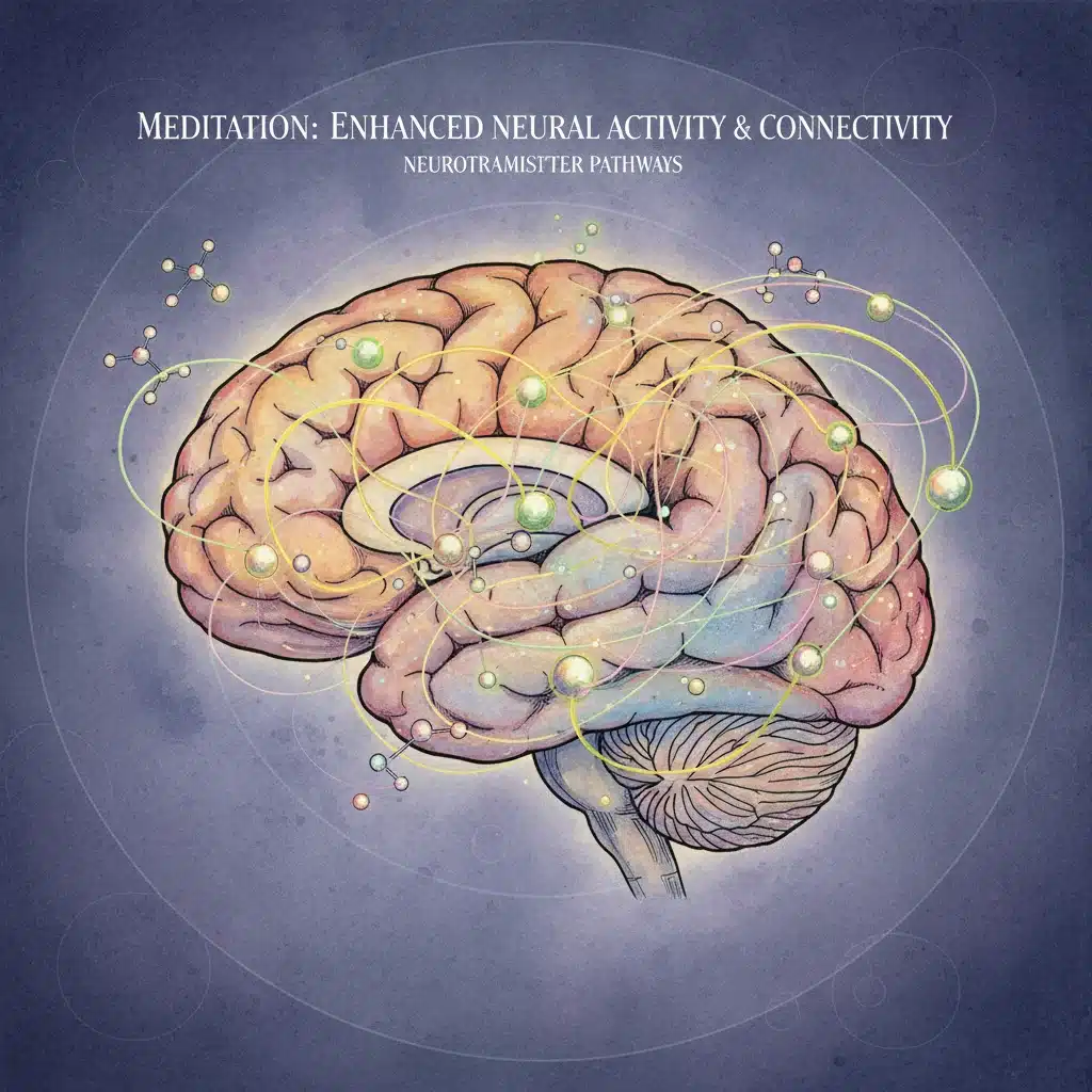 Brain scan highlighting areas affected by daily meditation, showing enhanced neuroplasticity.