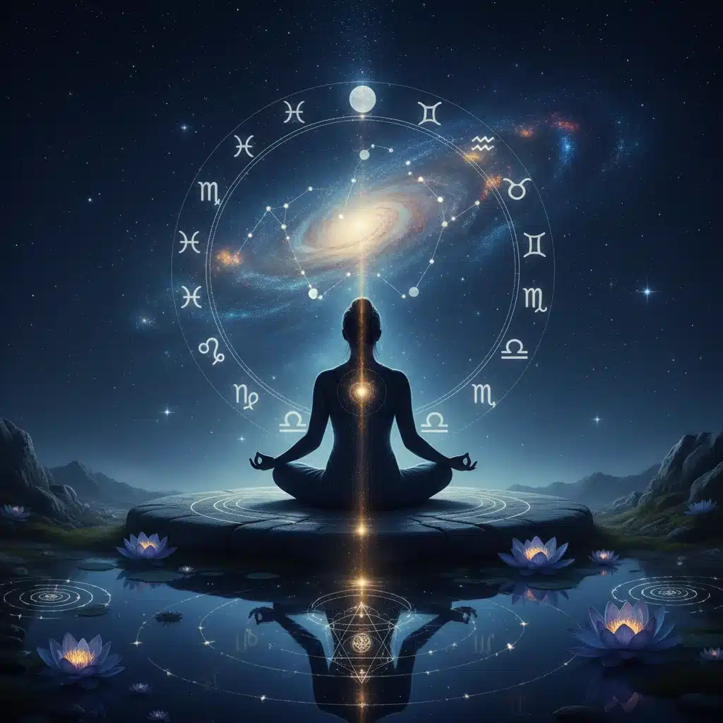Person meditating under starry sky, symbolizing spiritual growth and self-discovery.