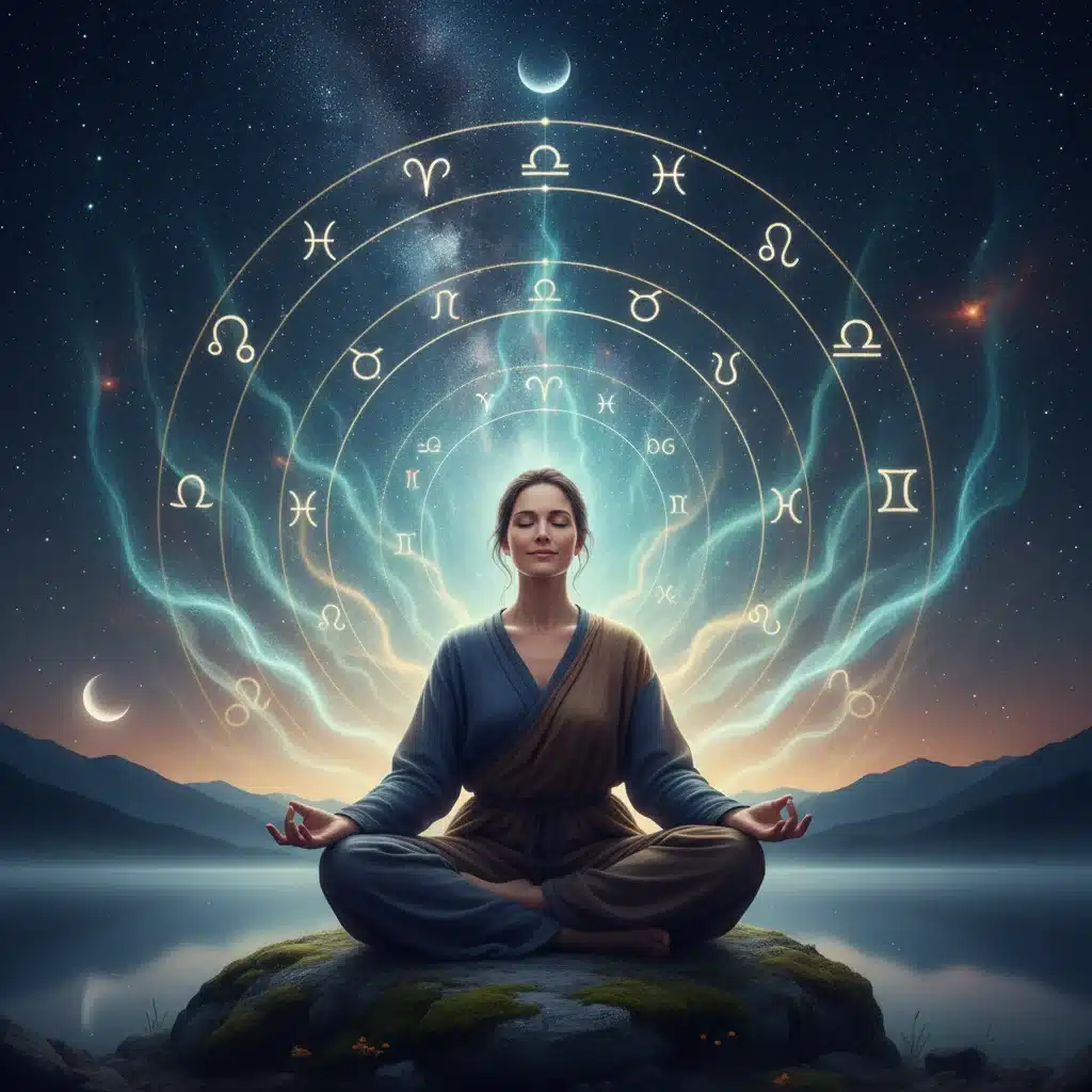 Person meditating under a starry sky, representing inner peace and spiritual connection.