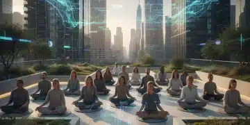 Diverse group meditating calmly in modern urban setting, symbolizing peace amidst 2026 challenges.