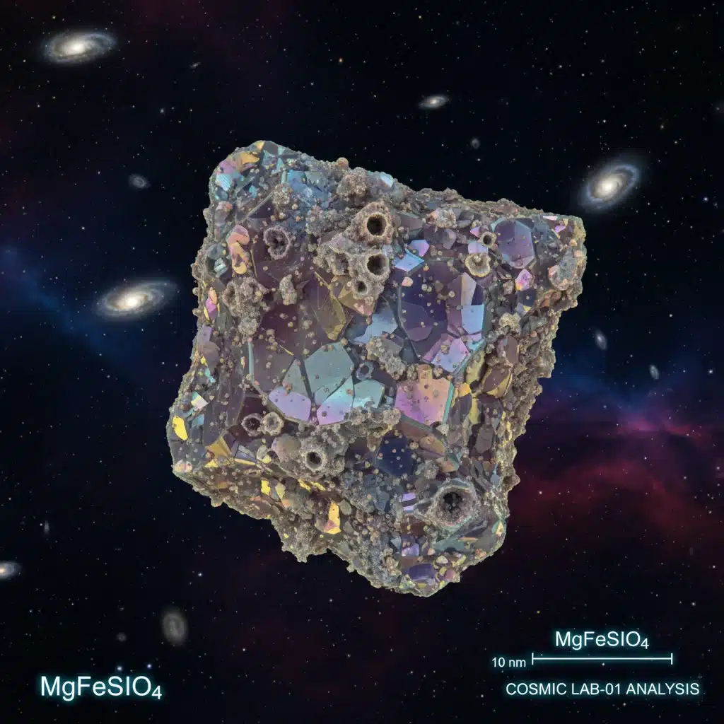 Microscopic view of a cosmic dust particle, highlighting its intricate structure and scientific study.