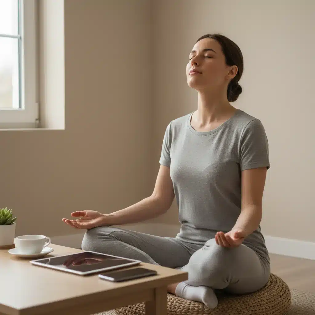 Person mindfully breathing, with blurred digital devices in the background, illustrating intentional digital disconnection.