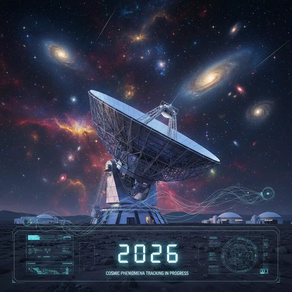 Astronomical observatory tracking cosmic phenomena and interstellar dust in the night sky.