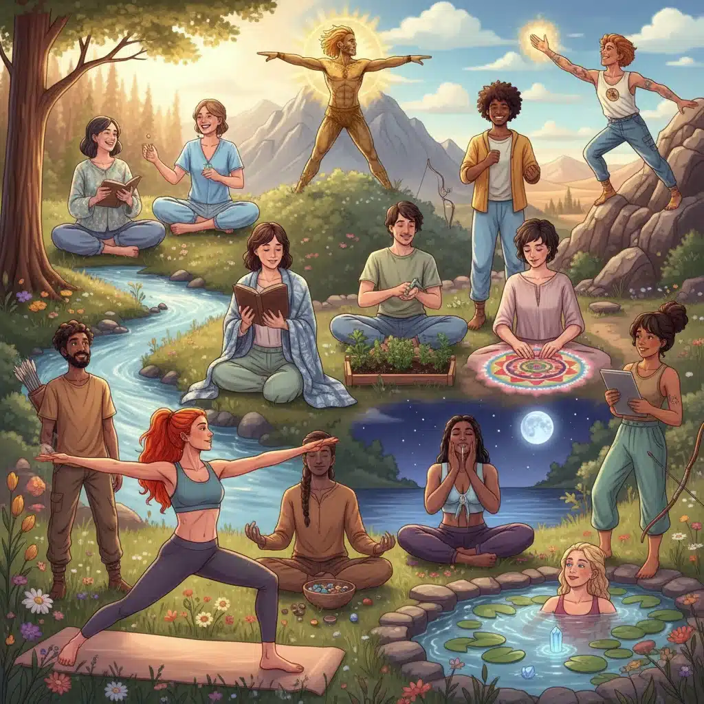 Diverse individuals practicing self-care and spiritual activities, representing personalized alignment.