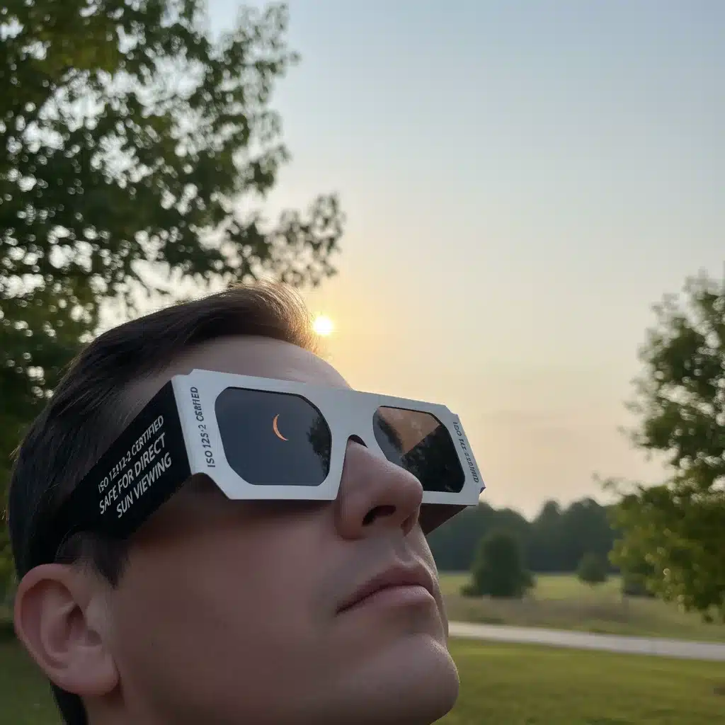 Person wearing ISO certified solar eclipse glasses for safe viewing.
