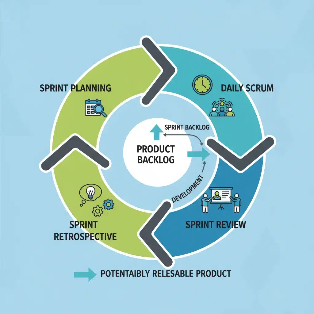 Scrum framework infographic detailing sprint cycles and meetings.