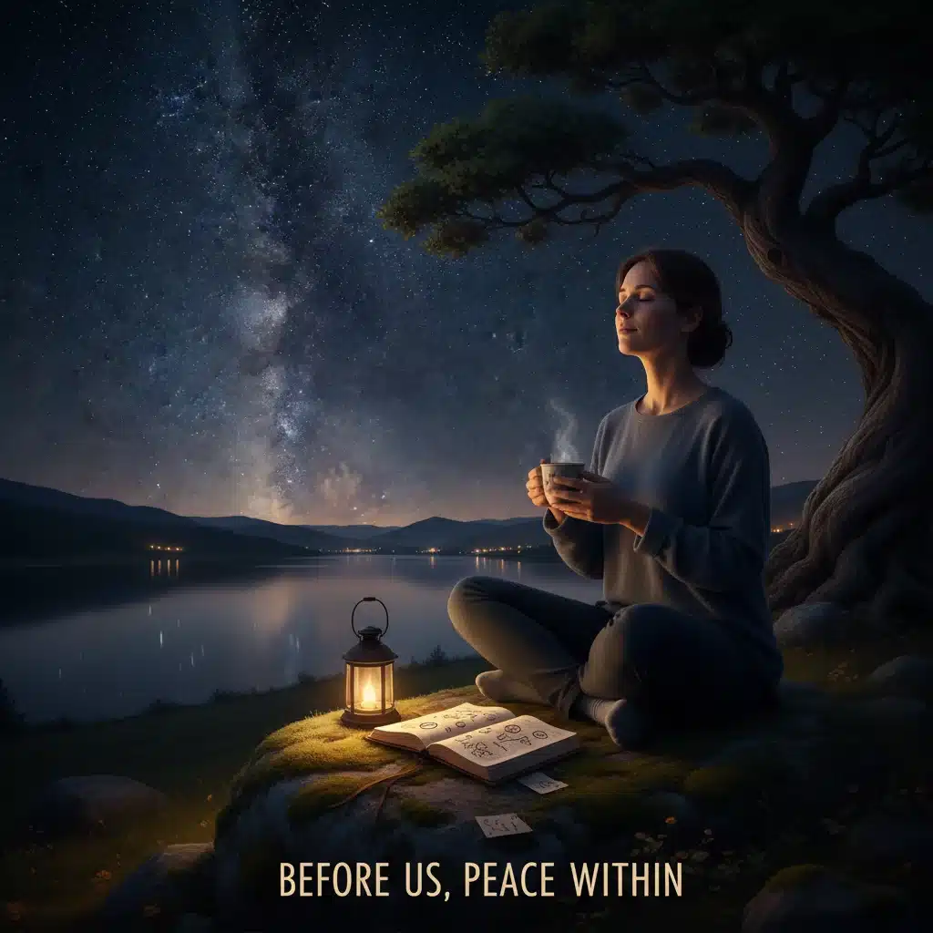 Person reflecting with a journal under a starry sky, symbolizing self-discovery and personal growth.