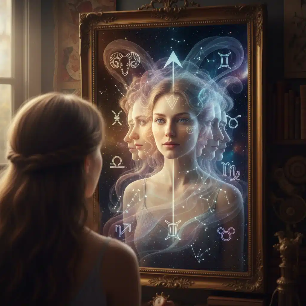 Person contemplating their multi-faceted reflection, symbolizing the inner and outer self.