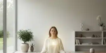 Person meditating peacefully in a bright, modern room, embodying inner calm.