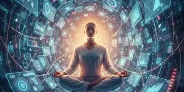 Person meditating peacefully surrounded by digital data streams and technology, representing spiritual growth in the digital age.