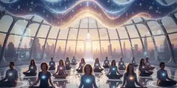 Diverse group meditating in a peaceful, modern setting with soft light, symbolizing spiritual trends.