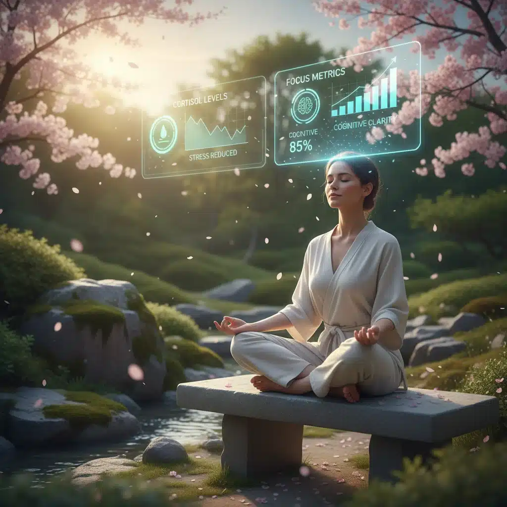 Individual experiencing stress reduction and improved focus through regular meditation.