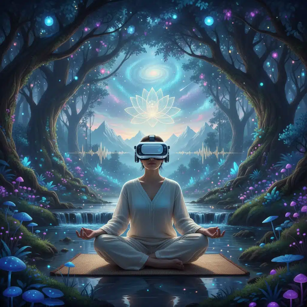 Person using VR headset for guided meditation in a virtual nature setting, blending tech and spirituality.