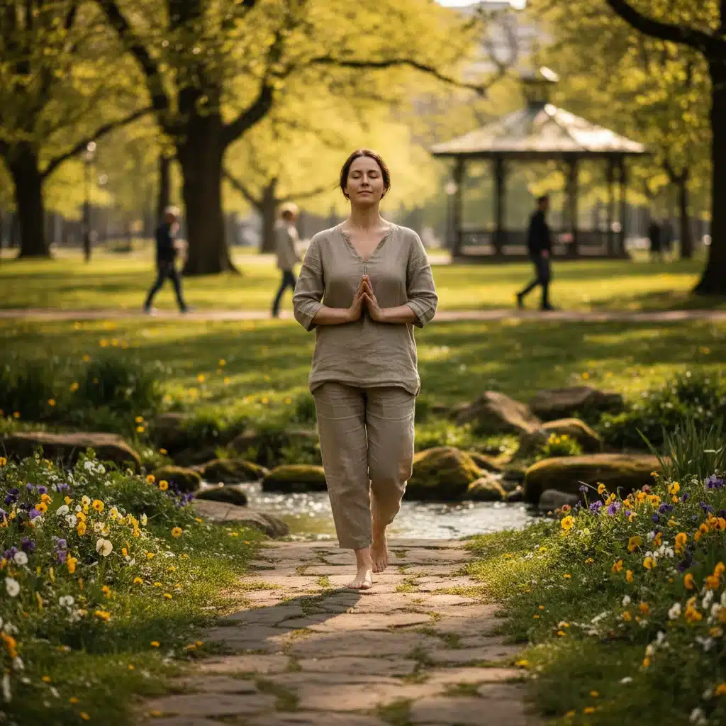 Individual engaging in walking meditation in a tranquil park.